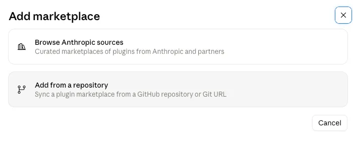 Claude Desktop Add marketplace dialog with the options Browse Anthropic sources and Add from a repository