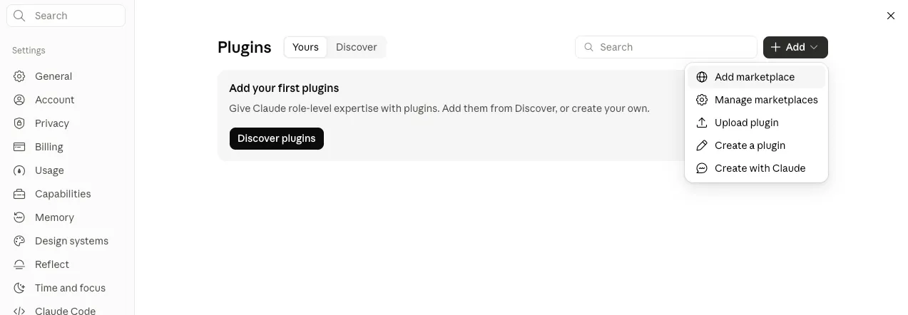 Claude Desktop Plugins page with the + Add menu open, showing Add marketplace, Manage marketplaces, Upload plugin, Create a plugin and Create with Claude