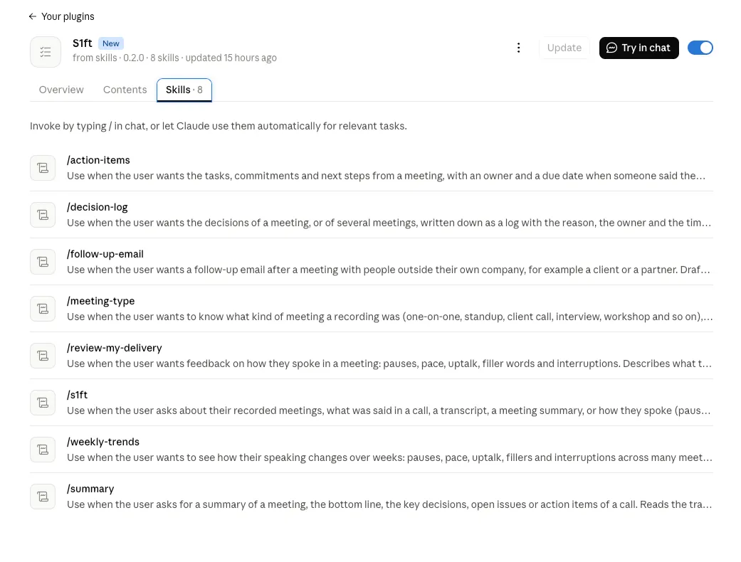 Claude Desktop S1ft plugin page, version 0.2.0, with the Skills tab open and the 8 s1ft skills listed