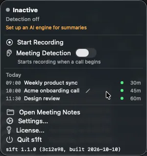s1ft popup showing the recordings list with a hovered row revealing the pencil rename icon
