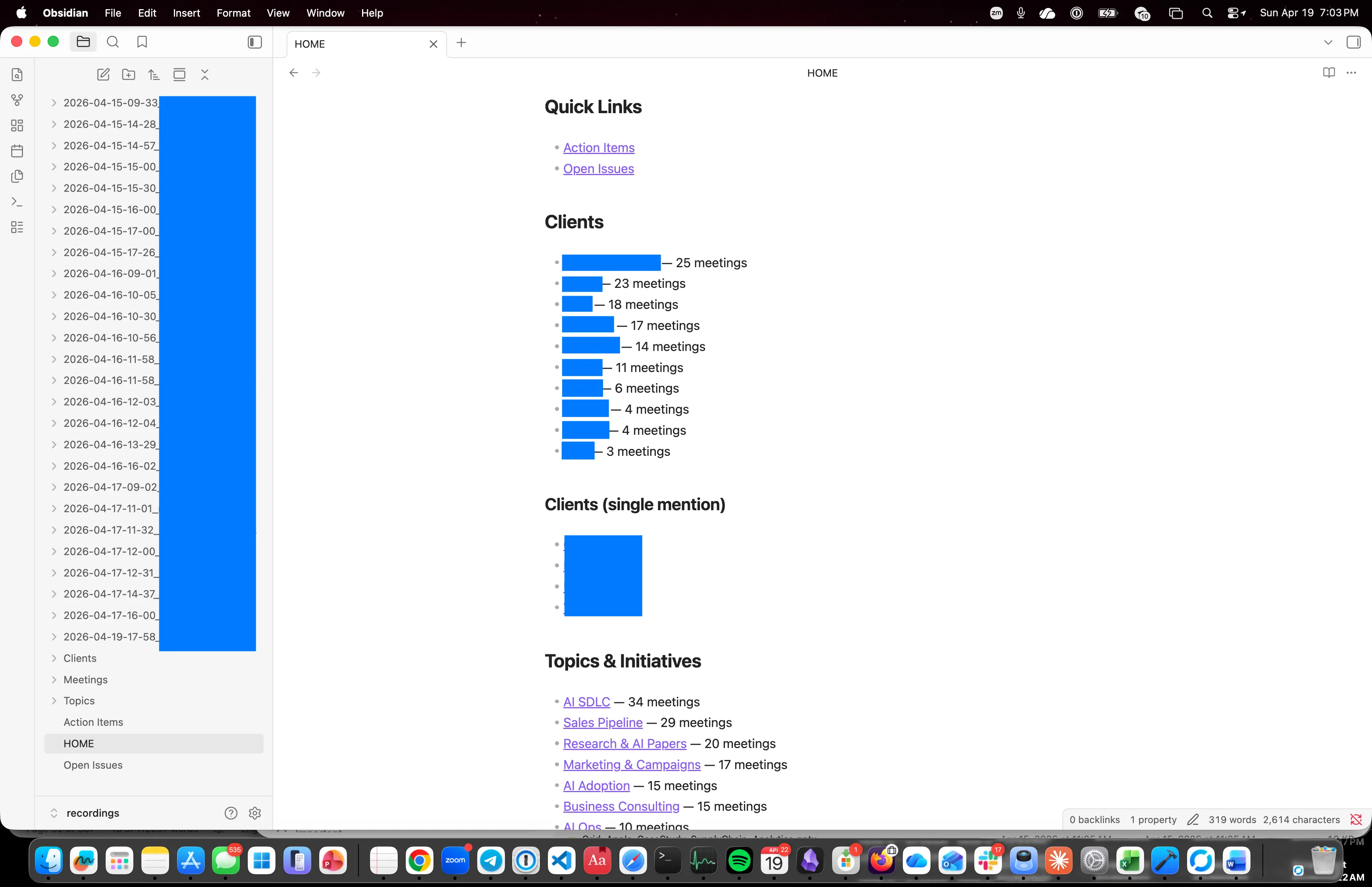 Obsidian HOME dashboard rolling up hundreds of meetings by client and by topic — AI SDLC with 34 meetings, Sales Pipeline with 29, Research & AI Papers with 20, and a sidebar of dated meeting files
