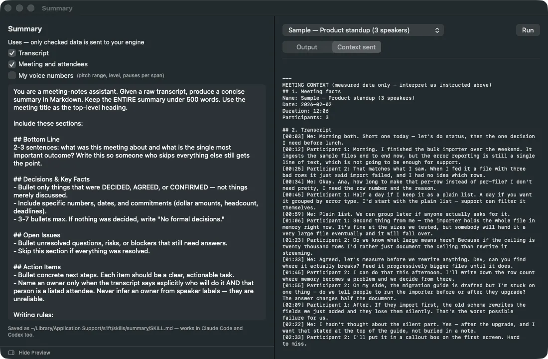 Summary editor window with the Context sent tab open, showing the meeting facts and timestamped transcript for the sample standup