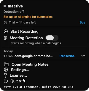 s1ft menu bar popup with the version line "s1ft 1.1.0 (efcd5dc, built 2026-10-08)" in small monospaced text at the bottom, below Quit s1ft