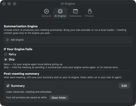 AI Engine settings tab showing the Summarization Engine list, the If Your Engine Fails picker, and the Post-meeting summary entry