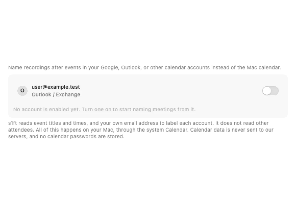 Calendars settings tab showing one account row with an email address, the Outlook / Exchange label, and a toggle that is off