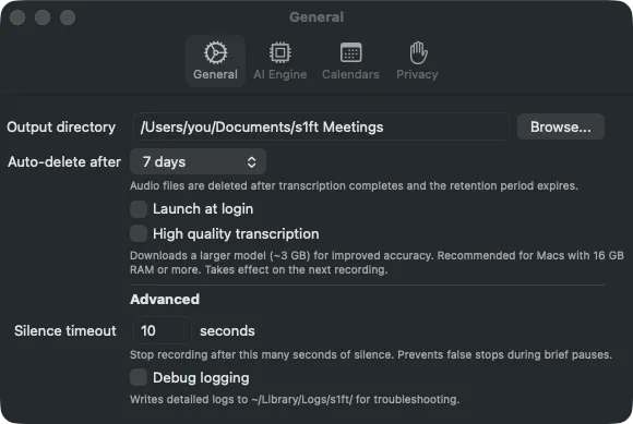 General settings tab showing the Output directory field, the Auto-delete after picker, the Launch at login and High quality transcription toggles, and the Advanced section with Silence timeout and Debug logging