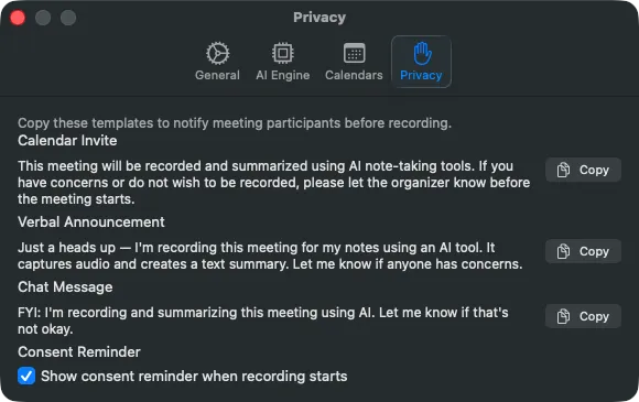 Privacy settings tab showing the Calendar Invite, Verbal Announcement and Chat Message templates, each with a Copy button, and the Show consent reminder when recording starts toggle