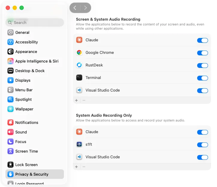 System Settings open at the Screen and System Audio Recording pane under Privacy and Security, with the s1ft row listed in the System Audio Recording Only section